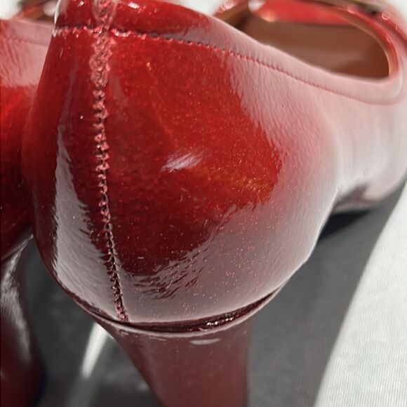 ETIENNE AIGNER Dune Red Patent Vegan Open-Toe Heels Shoes Size 6.5M Buckles B42 - Picture 8 of 10